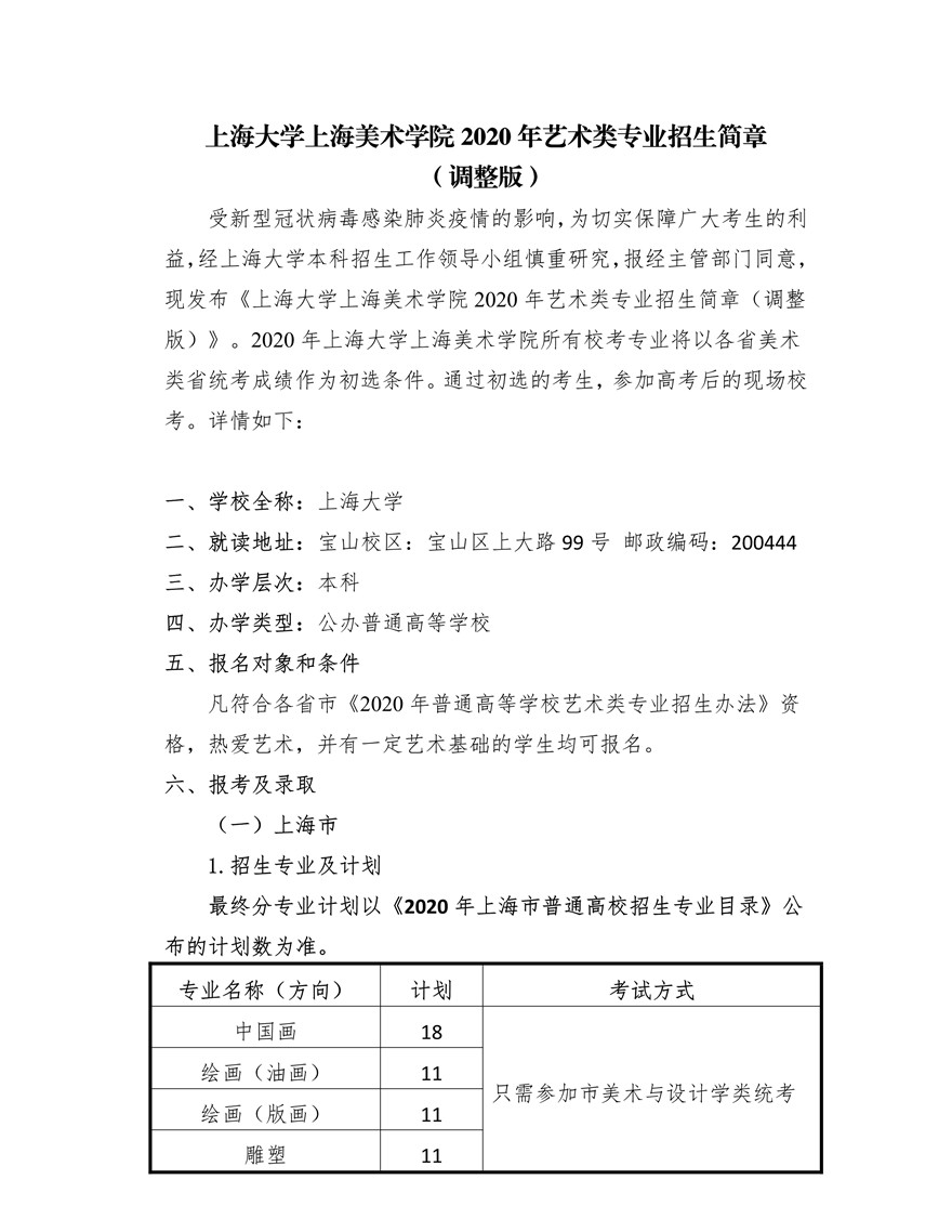 上海大學上海美術學院2020年藝術類專業(yè)校考招生簡章調(diào)整版